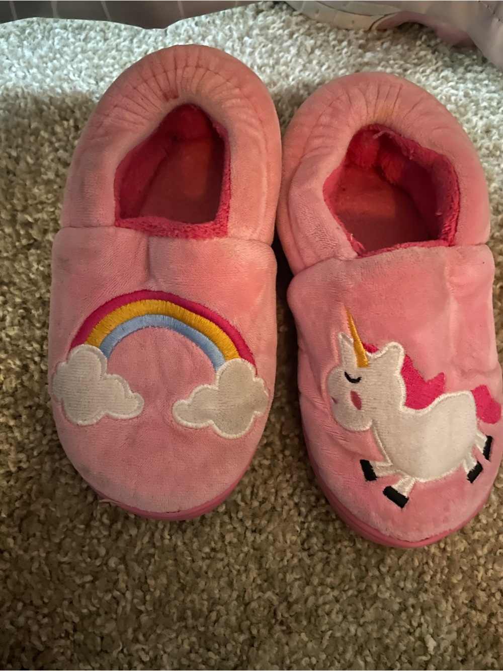 Kids Pink Unicorn & Rainbow Plush One-Piece Slippers